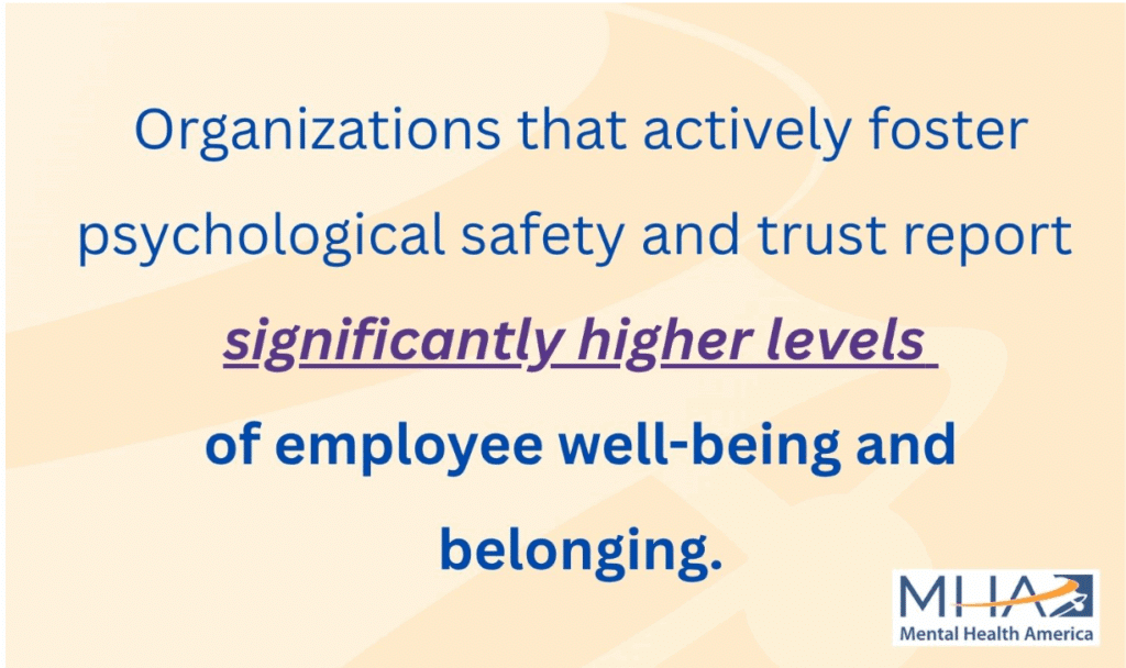 Image that reads “Organizations that actively foster psychological safety and trust report significantly higher levels of employee well-being and belonging.”